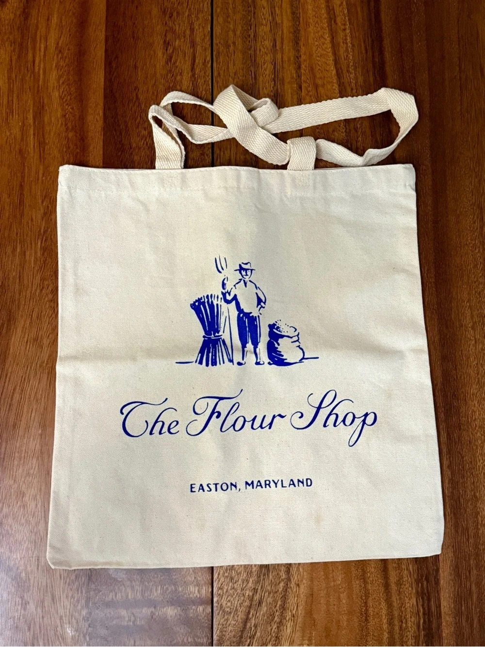 Canvas Tote Bag - Cream with Blue Print for The Flour Shop in Easton, Maryland